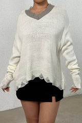 Distressed V - Neck Dropped Shoulder Sweater - Admiresty