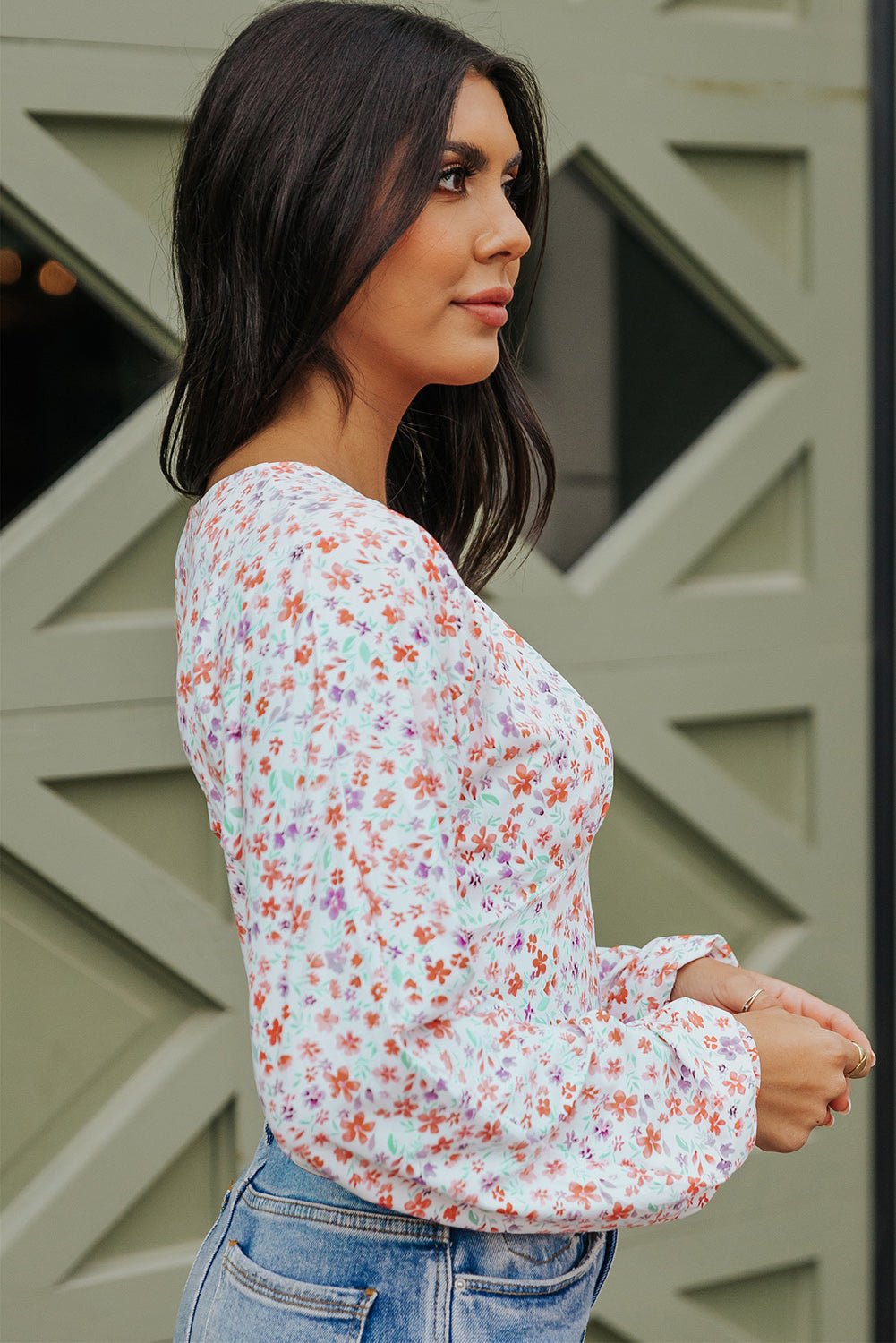 Ditsy Floral Long Sleeve Plunge Bodysuit - Admiresty