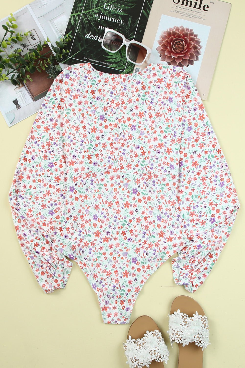 Ditsy Floral Long Sleeve Plunge Bodysuit - Admiresty