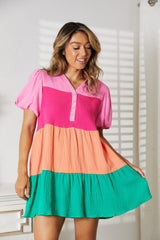 Double Take Color Block Buttoned Puff Sleeve Dress - Admiresty