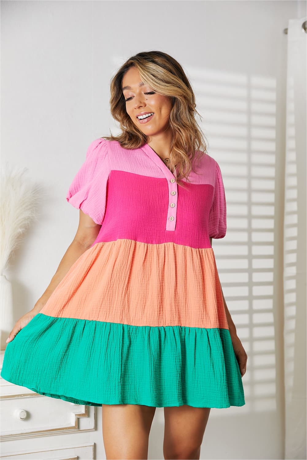 Double Take Color Block Buttoned Puff Sleeve Dress - Admiresty