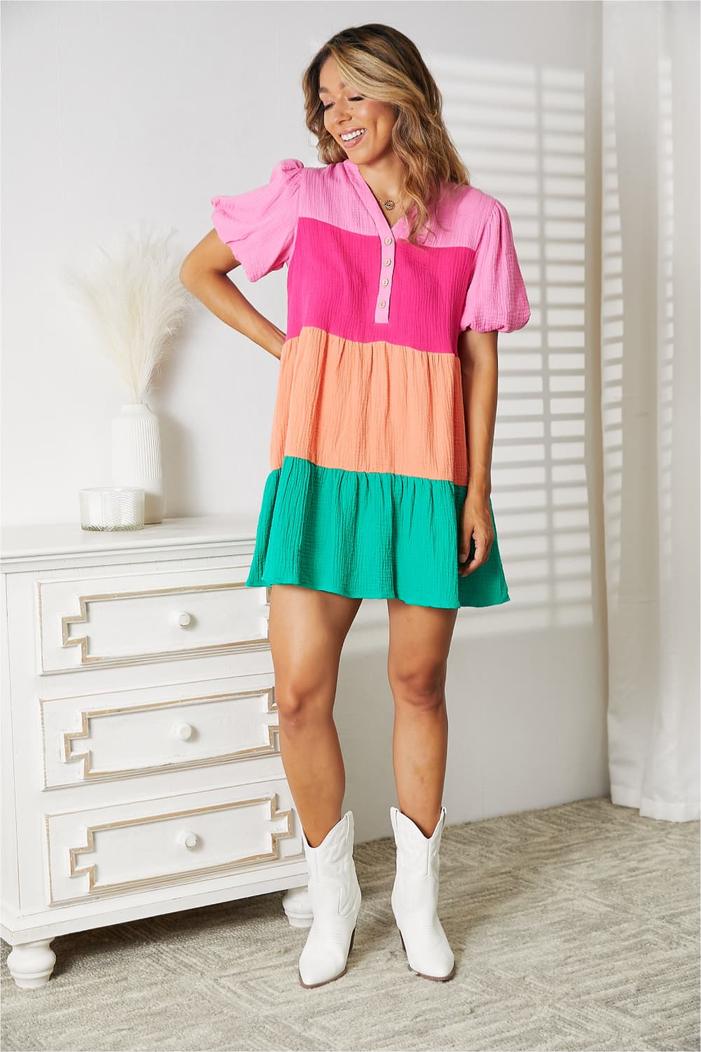 Double Take Color Block Buttoned Puff Sleeve Dress - Admiresty