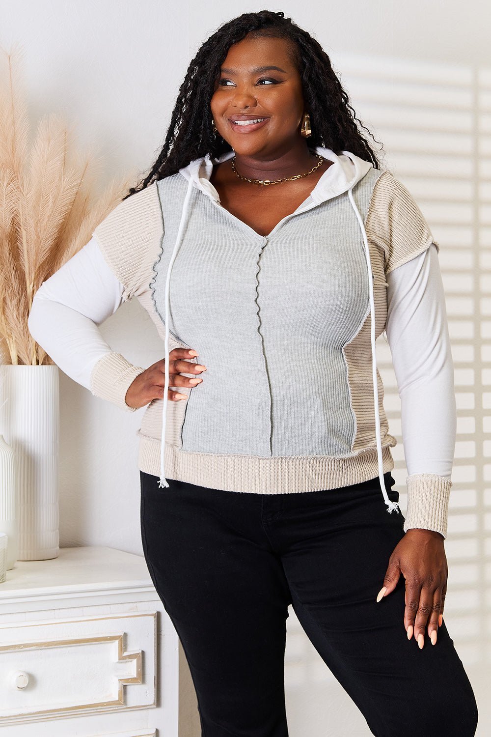 Double Take Color Block Exposed Seam Drawstring Hoodie - Admiresty