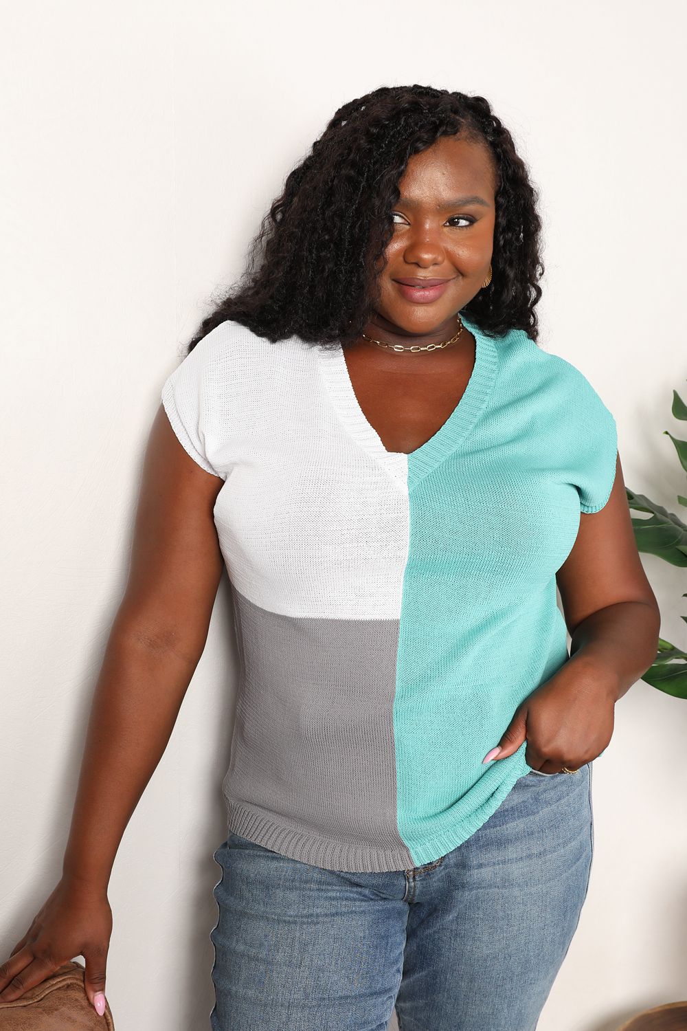 Double Take Color Block V - Neck Knit Top - Admiresty