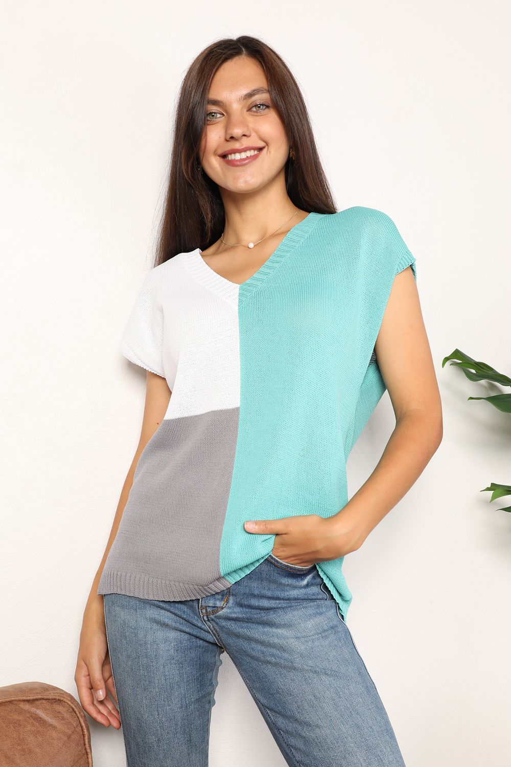 Double Take Color Block V - Neck Knit Top - Admiresty