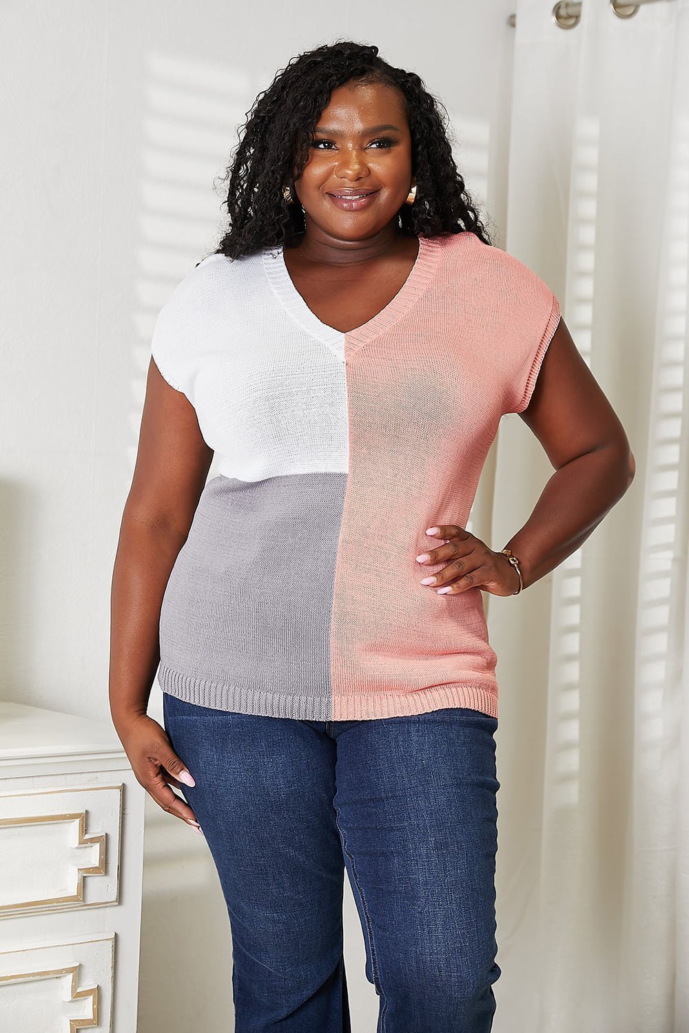 Double Take Color Block V - Neck Knit Top - Admiresty