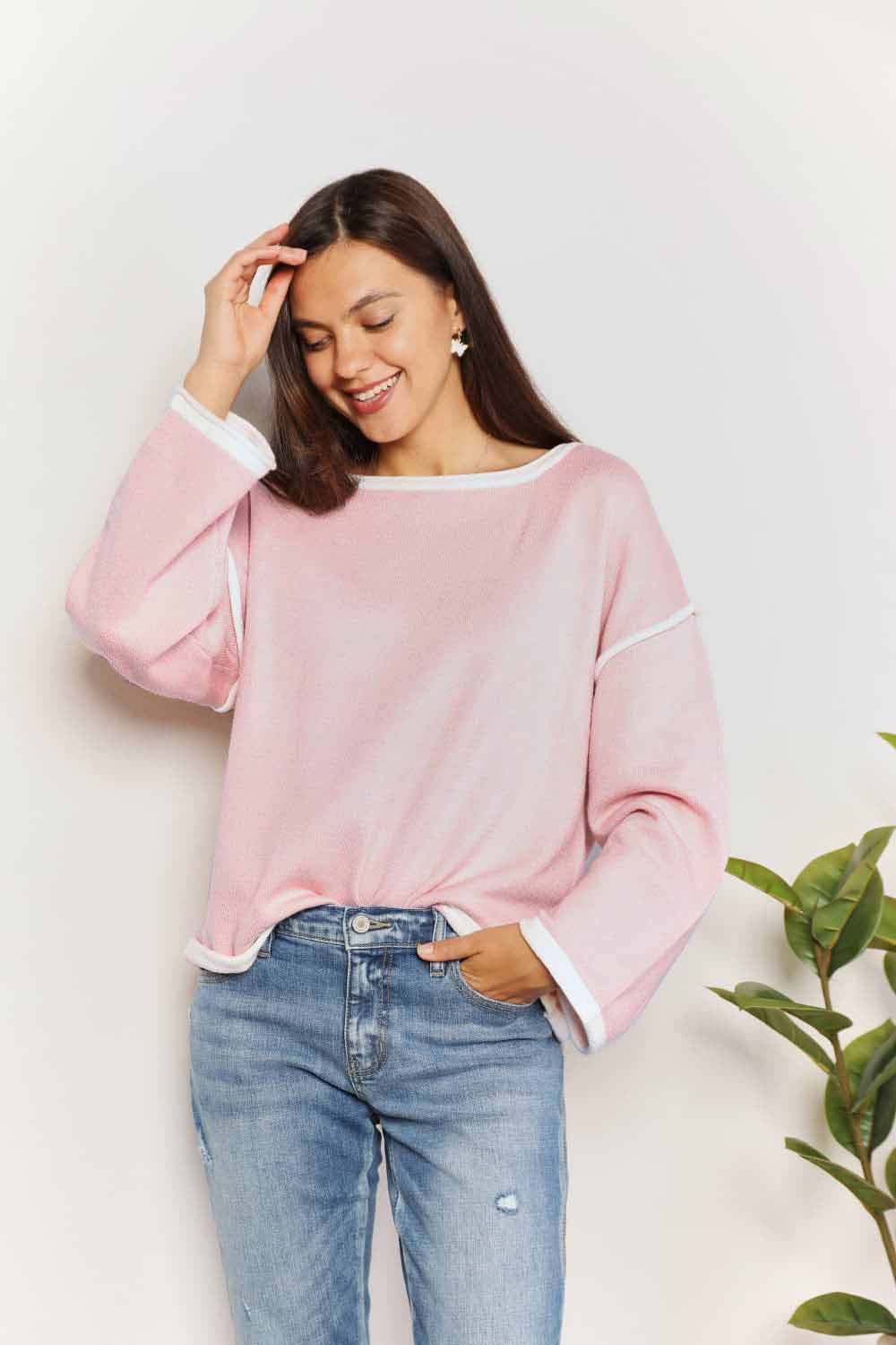 Double Take Contrast Detail Dropped Shoulder Knit Top - Admiresty