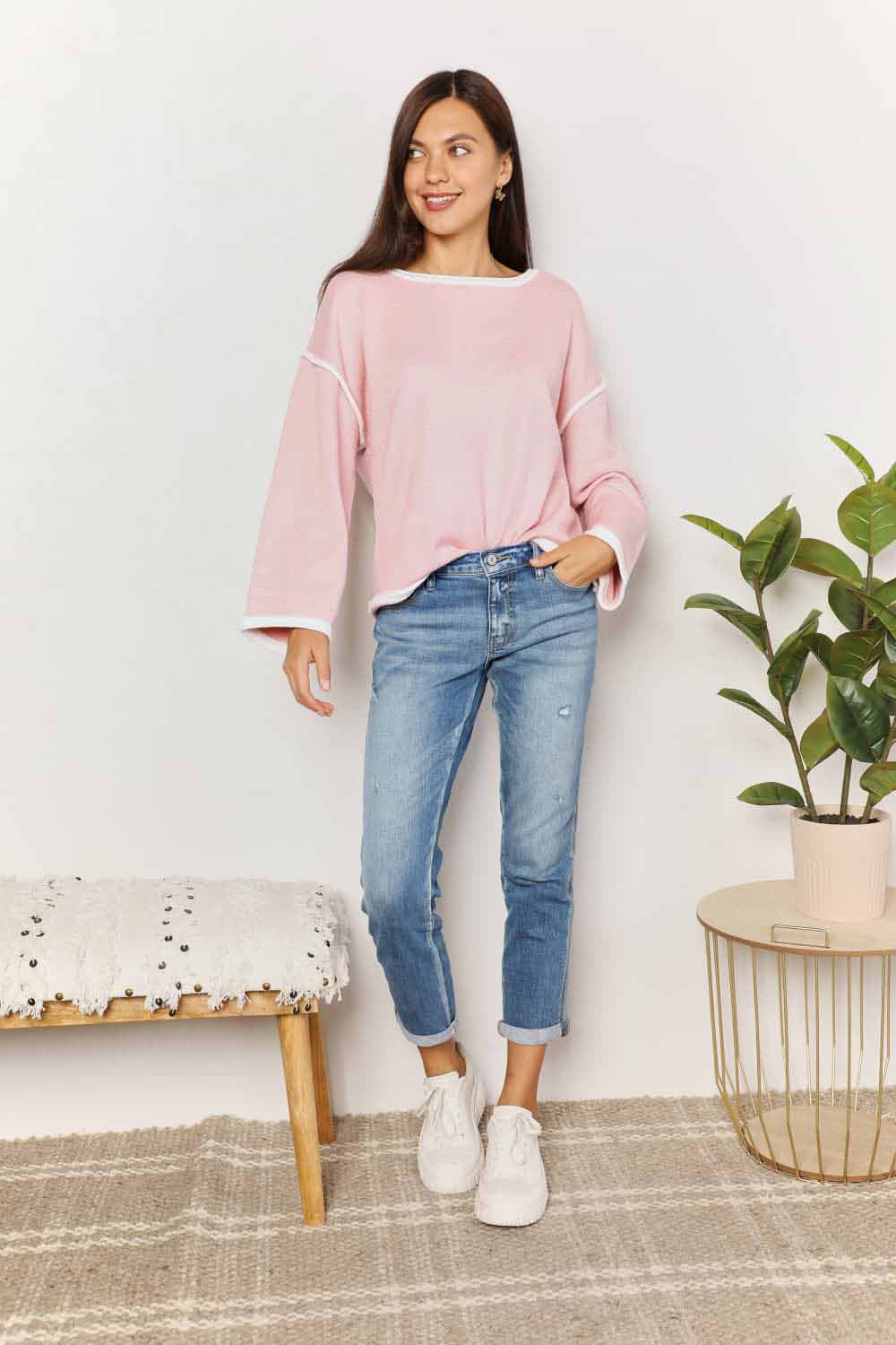 Double Take Contrast Detail Dropped Shoulder Knit Top - Admiresty