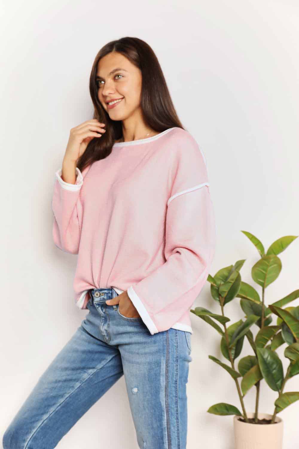 Double Take Contrast Detail Dropped Shoulder Knit Top - Admiresty