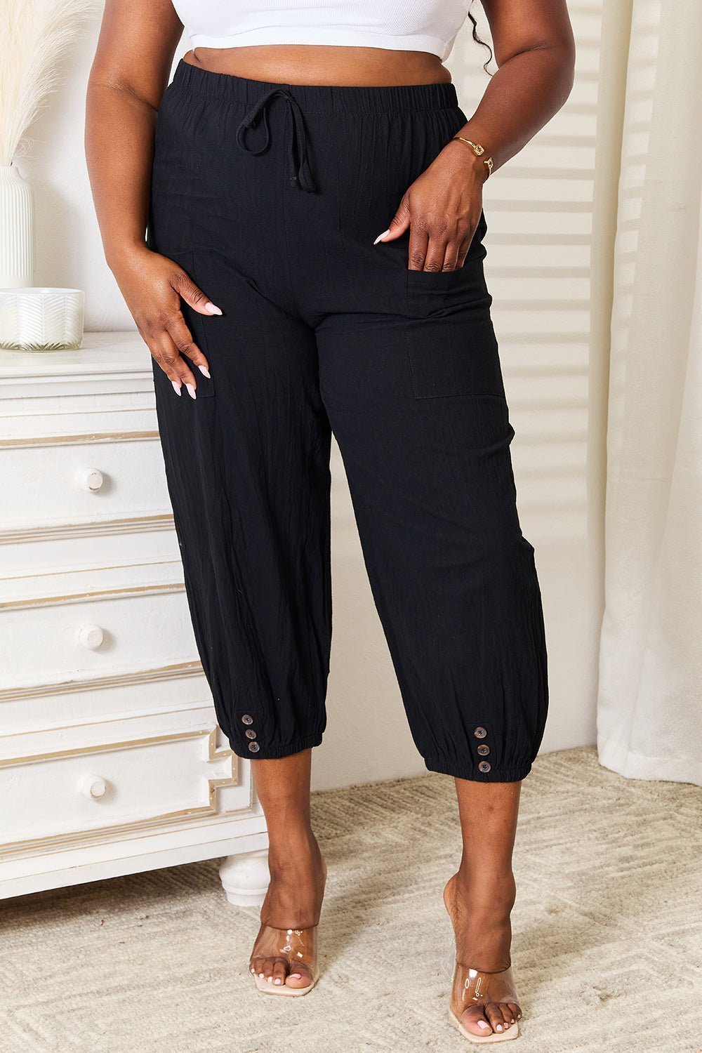 Double Take Decorative Button Cropped Pants - Admiresty