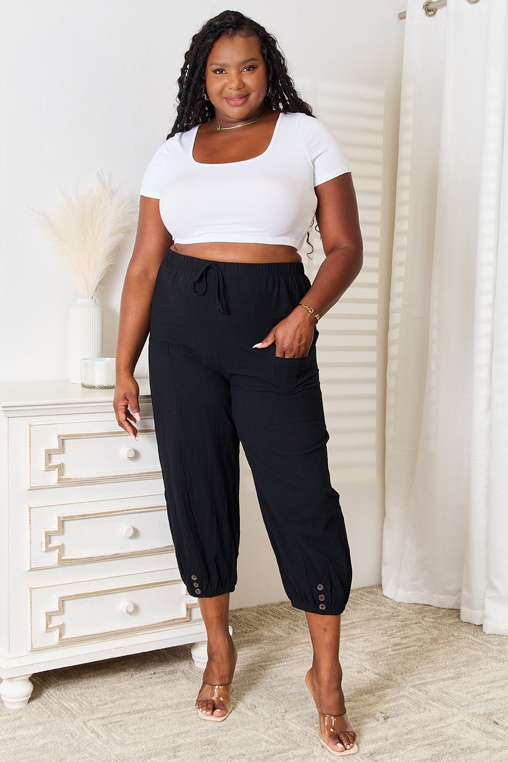 Double Take Decorative Button Cropped Pants - Admiresty