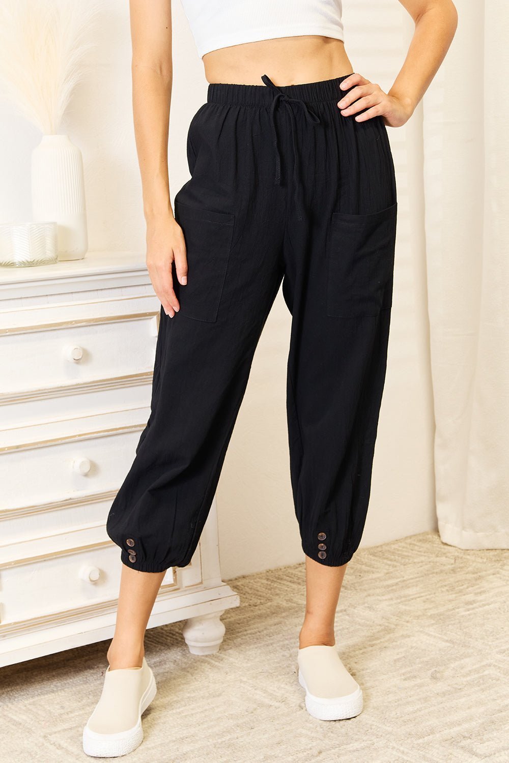 Double Take Decorative Button Cropped Pants - Admiresty