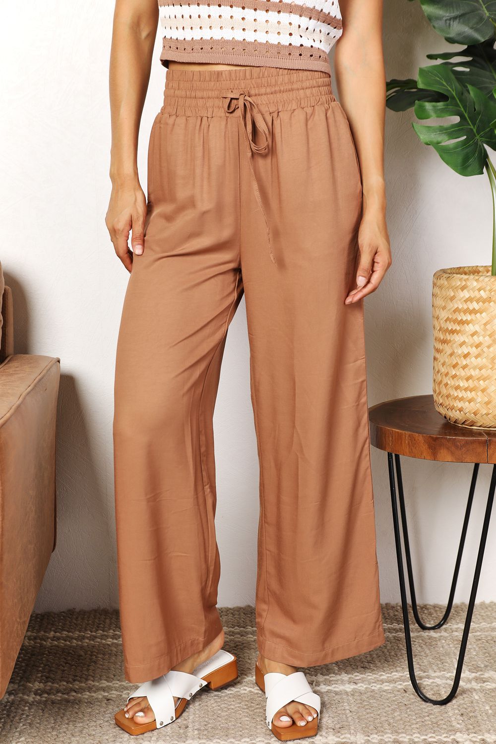 Double Take Drawstring Smocked Waist Wide Leg Pants - Admiresty