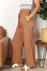 Double Take Drawstring Smocked Waist Wide Leg Pants - Admiresty