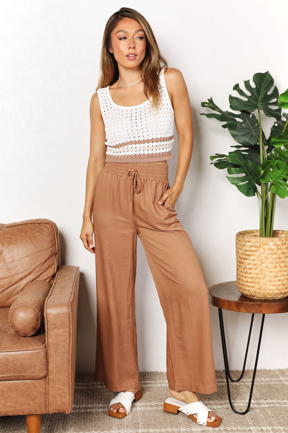 Double Take Drawstring Smocked Waist Wide Leg Pants - Admiresty