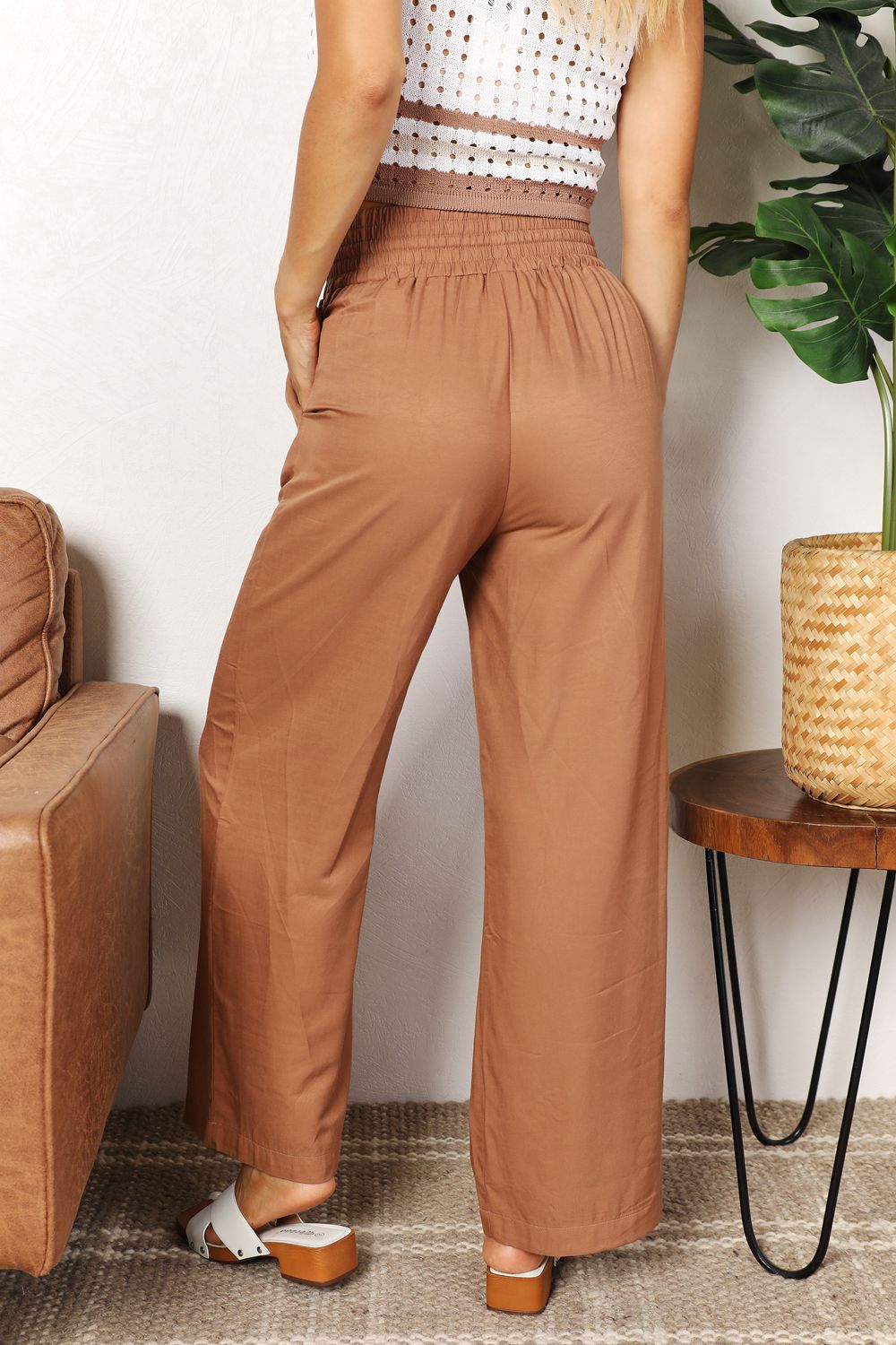 Double Take Drawstring Smocked Waist Wide Leg Pants - Admiresty