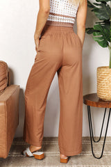 Double Take Drawstring Smocked Waist Wide Leg Pants - Admiresty