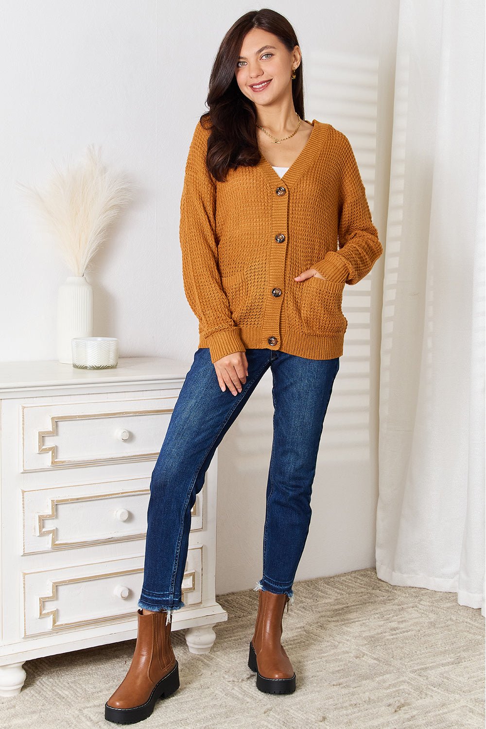 Double Take Drop Shoulder Button Down Cardigan with Pockets - Admiresty