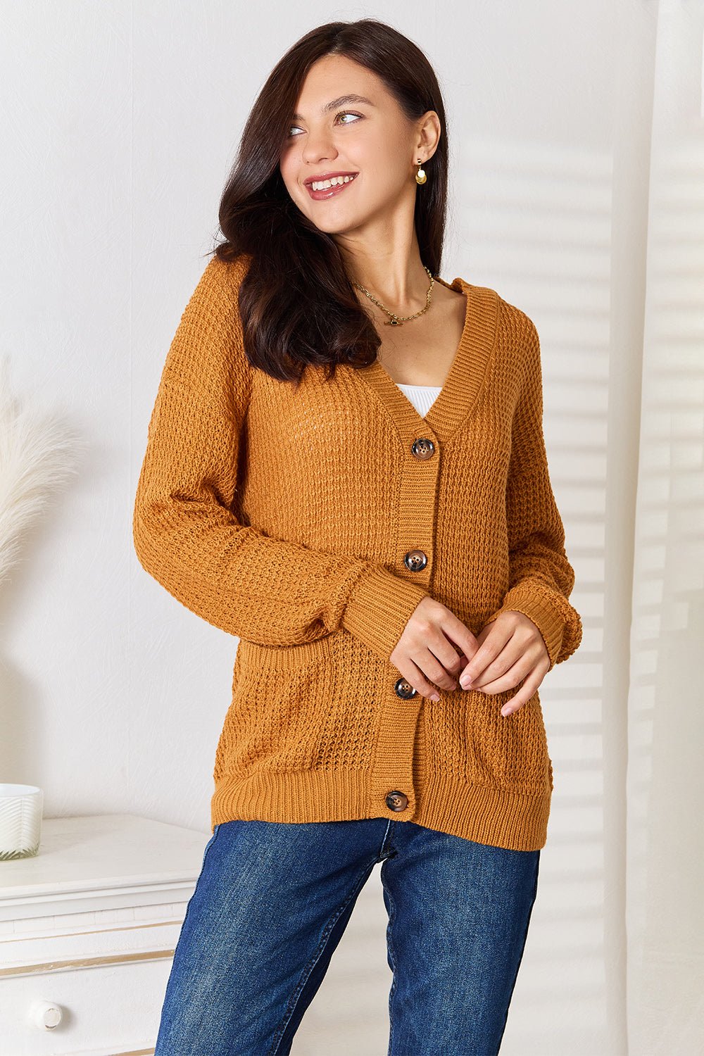 Double Take Drop Shoulder Button Down Cardigan with Pockets - Admiresty