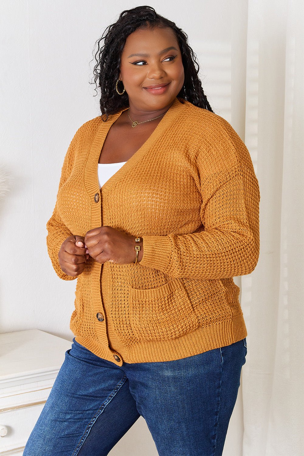 Double Take Drop Shoulder Button Down Cardigan with Pockets - Admiresty