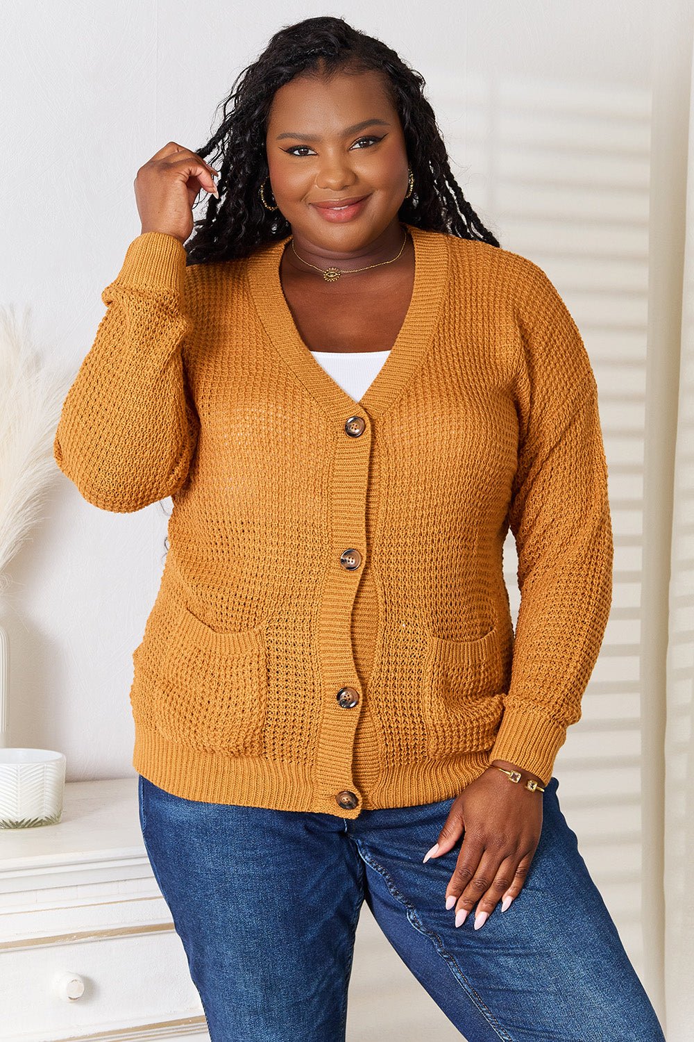 Double Take Drop Shoulder Button Down Cardigan with Pockets - Admiresty