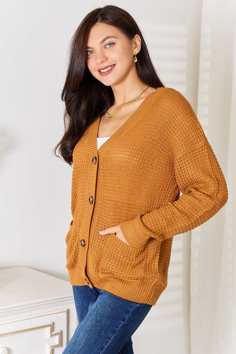 Double Take Drop Shoulder Button Down Cardigan with Pockets - Admiresty