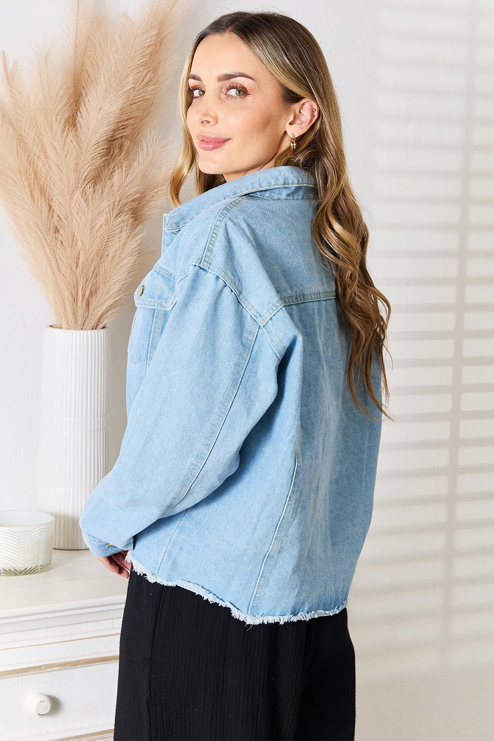 Double Take Dropped Shoulder Raw Hem Denim Jacket - Admiresty