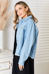 Double Take Dropped Shoulder Raw Hem Denim Jacket - Admiresty