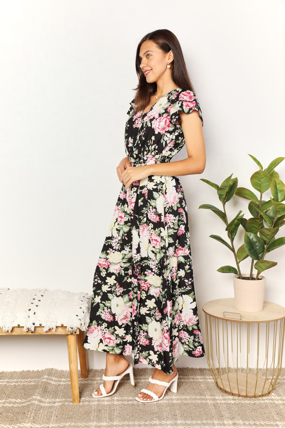 Double Take Floral Flutter Sleeve Tie - Waist Split Dress - Admiresty