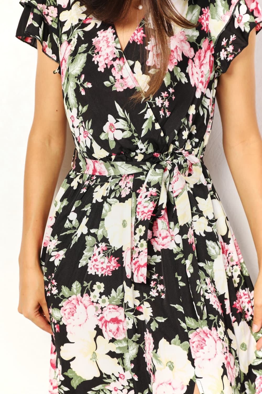 Double Take Floral Flutter Sleeve Tie - Waist Split Dress - Admiresty