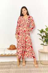 Double Take Floral Frill Trim Flounce Sleeve Plunge Maxi Dress - Admiresty