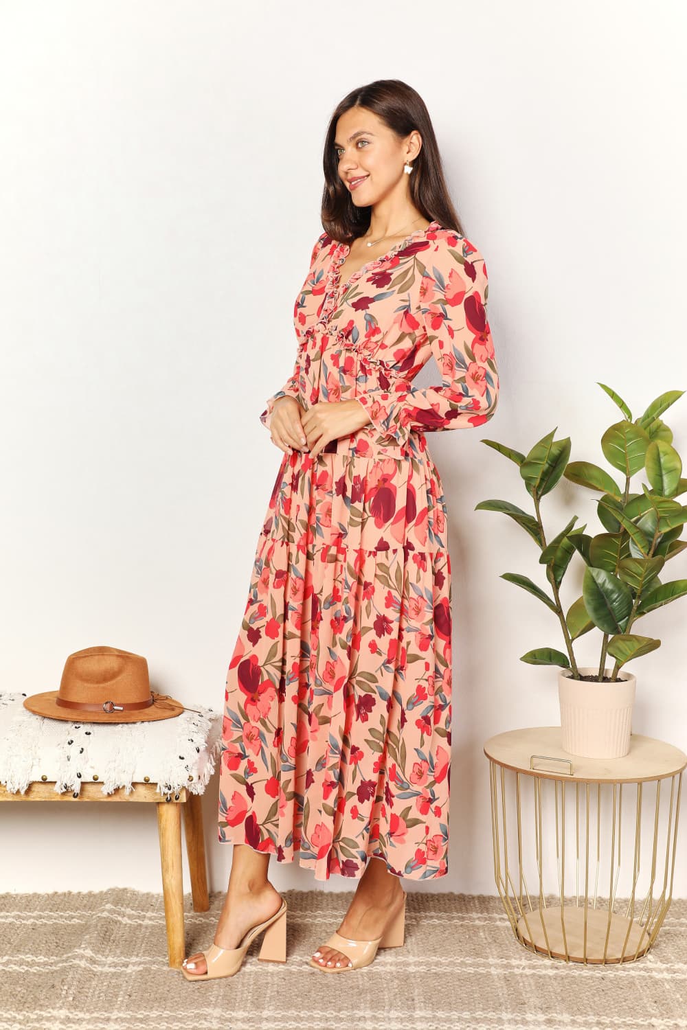 Double Take Floral Frill Trim Flounce Sleeve Plunge Maxi Dress - Admiresty