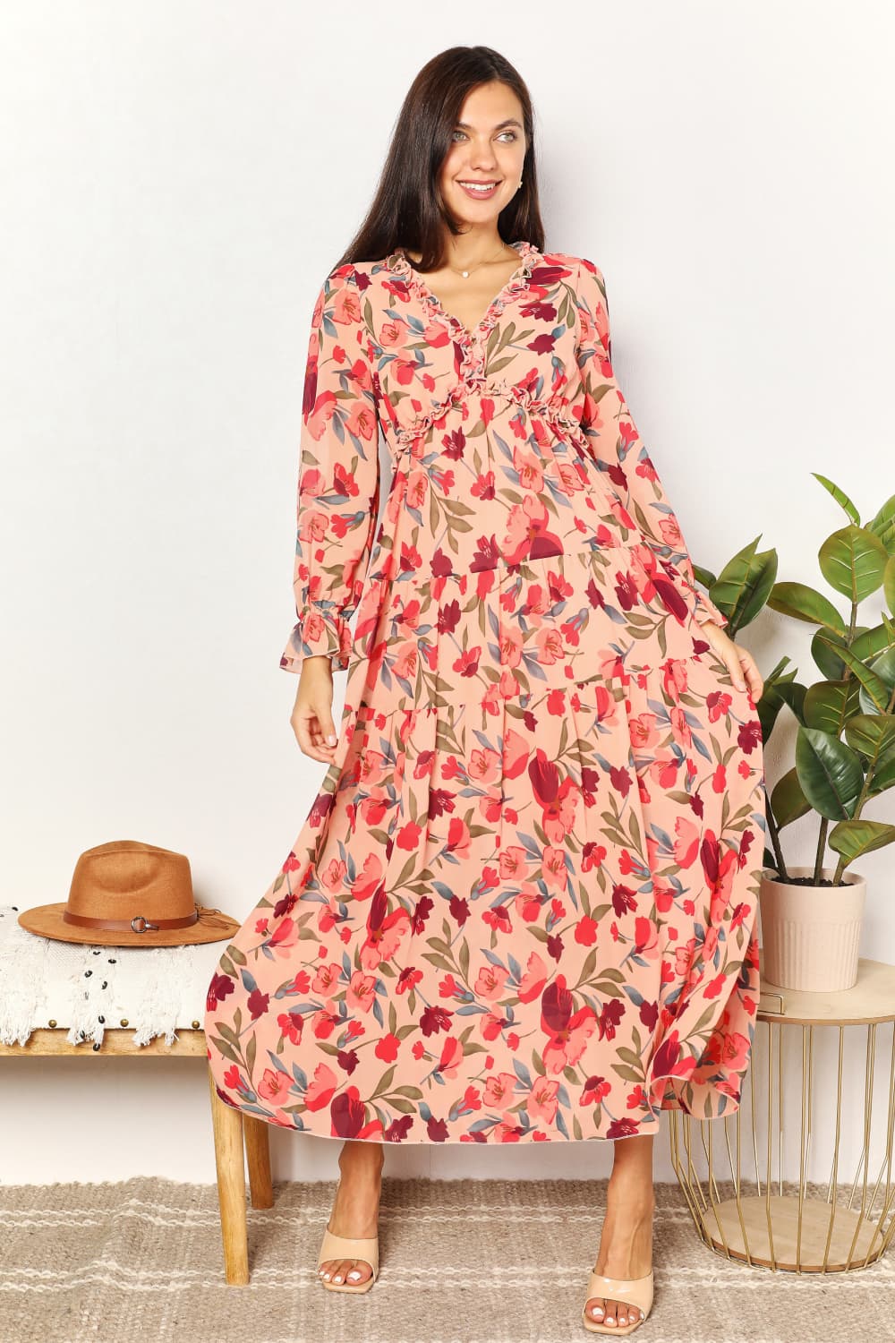 Double Take Floral Frill Trim Flounce Sleeve Plunge Maxi Dress - Admiresty