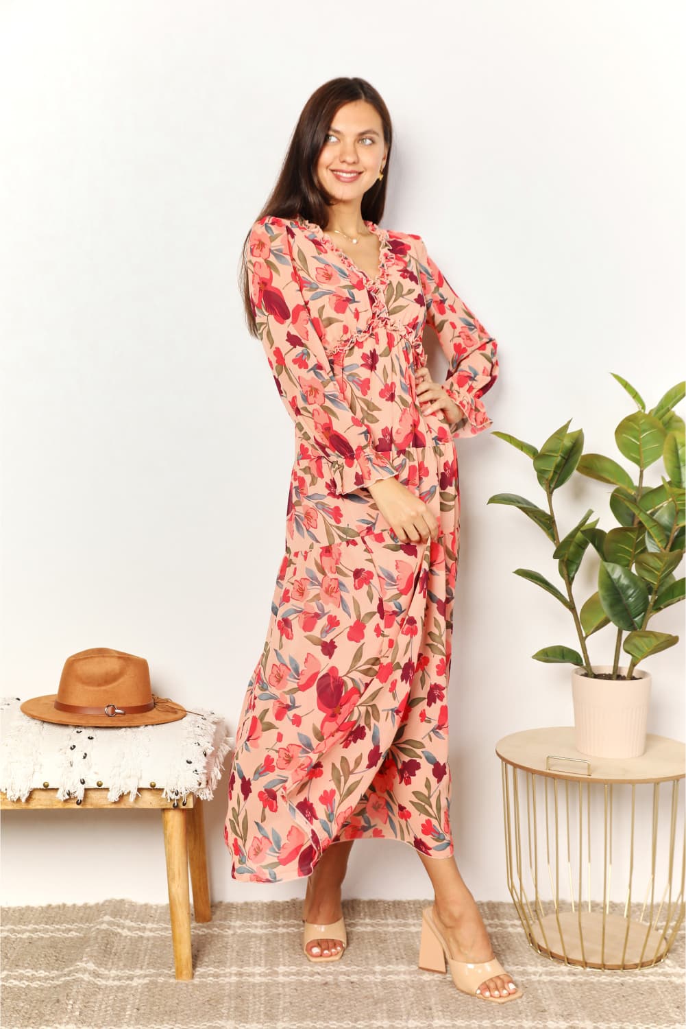 Double Take Floral Frill Trim Flounce Sleeve Plunge Maxi Dress - Admiresty