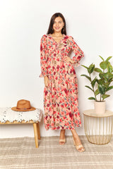 Double Take Floral Frill Trim Flounce Sleeve Plunge Maxi Dress - Admiresty