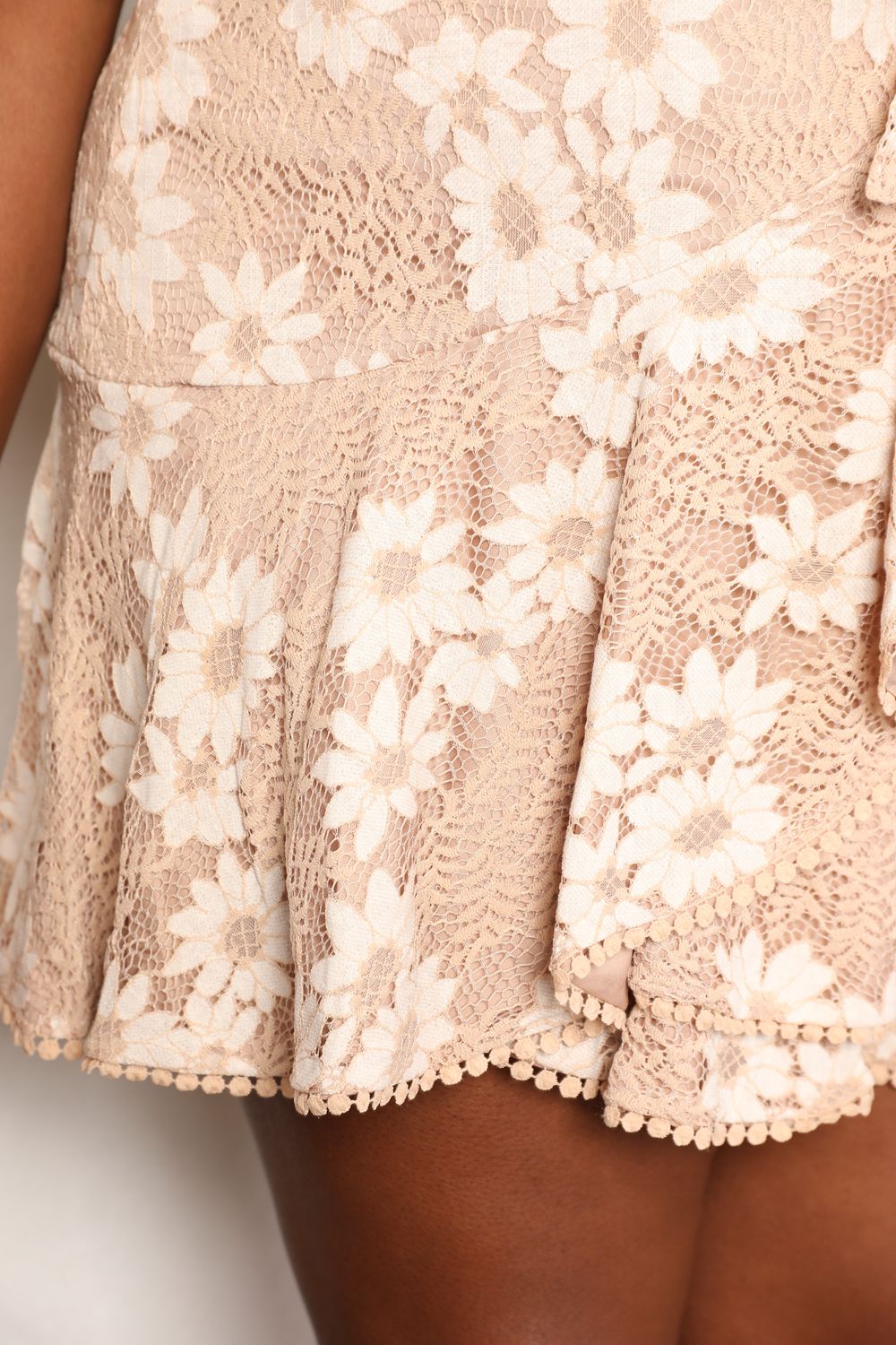 Double Take Floral Lace Pompom Detail Tie - Waist Flutter Sleeve Dress - Admiresty