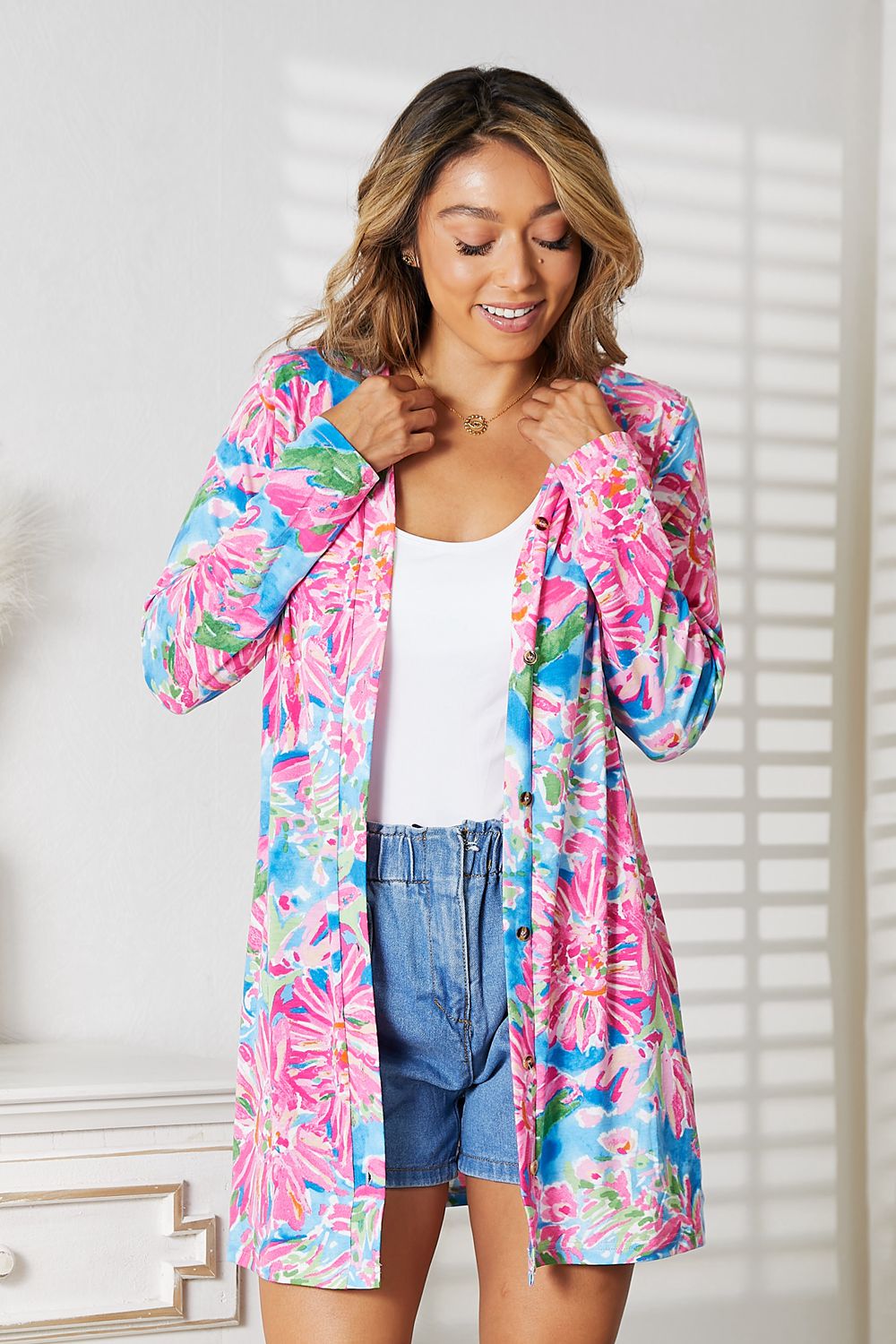 Double Take Floral Open Front Long Sleeve Cardigan - Admiresty