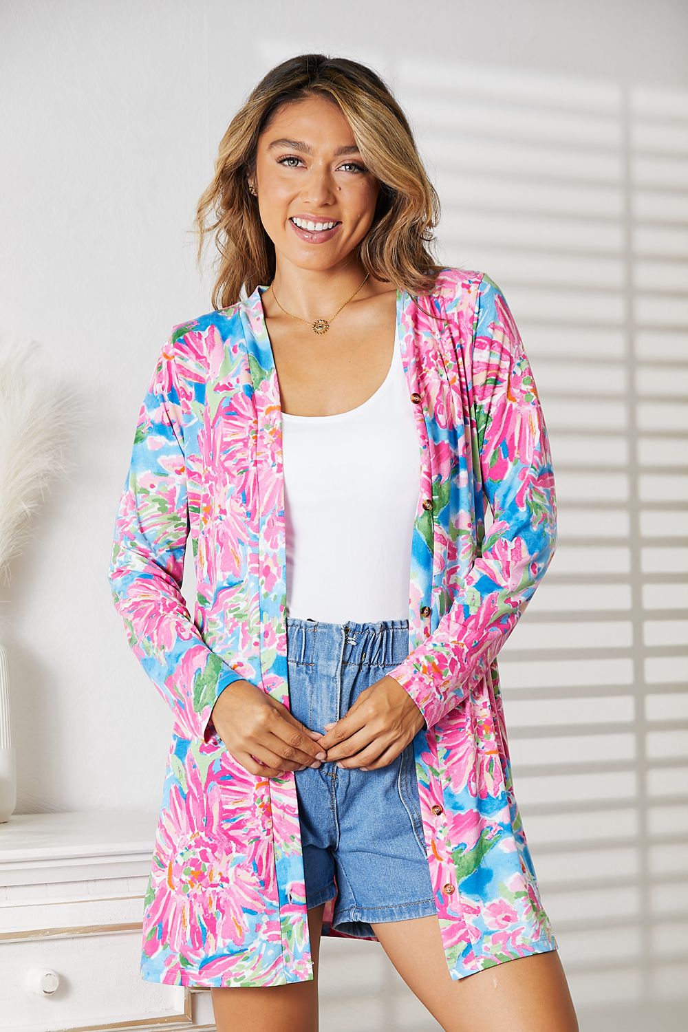 Double Take Floral Open Front Long Sleeve Cardigan - Admiresty