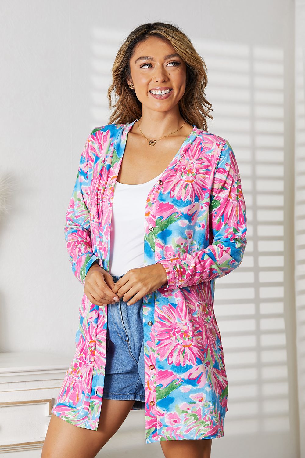 Double Take Floral Open Front Long Sleeve Cardigan - Admiresty