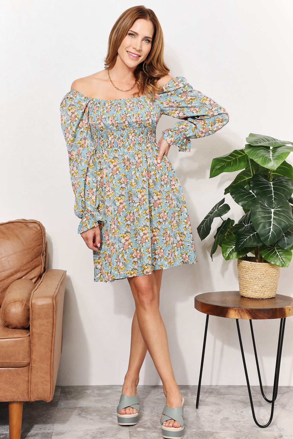 Double Take Floral Smocked Flounce Sleeve Square Neck Dress - Admiresty