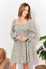 Double Take Floral Smocked Flounce Sleeve Square Neck Dress - Admiresty