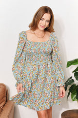 Double Take Floral Smocked Flounce Sleeve Square Neck Dress - Admiresty