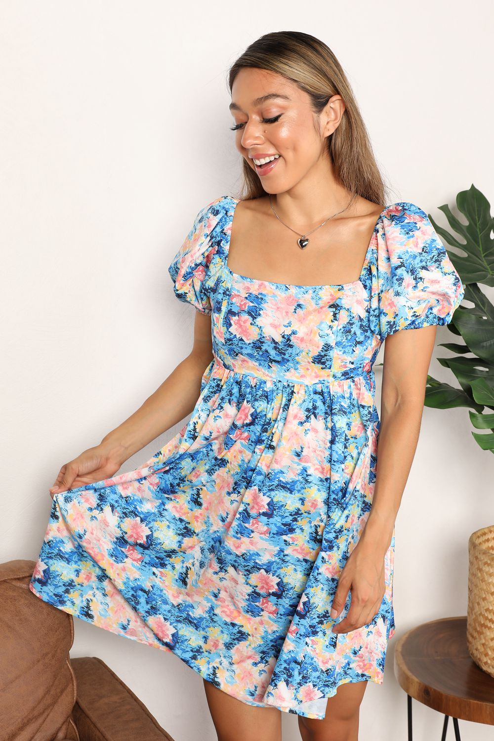 Double Take Floral Square Neck Puff Sleeve Dress - Admiresty