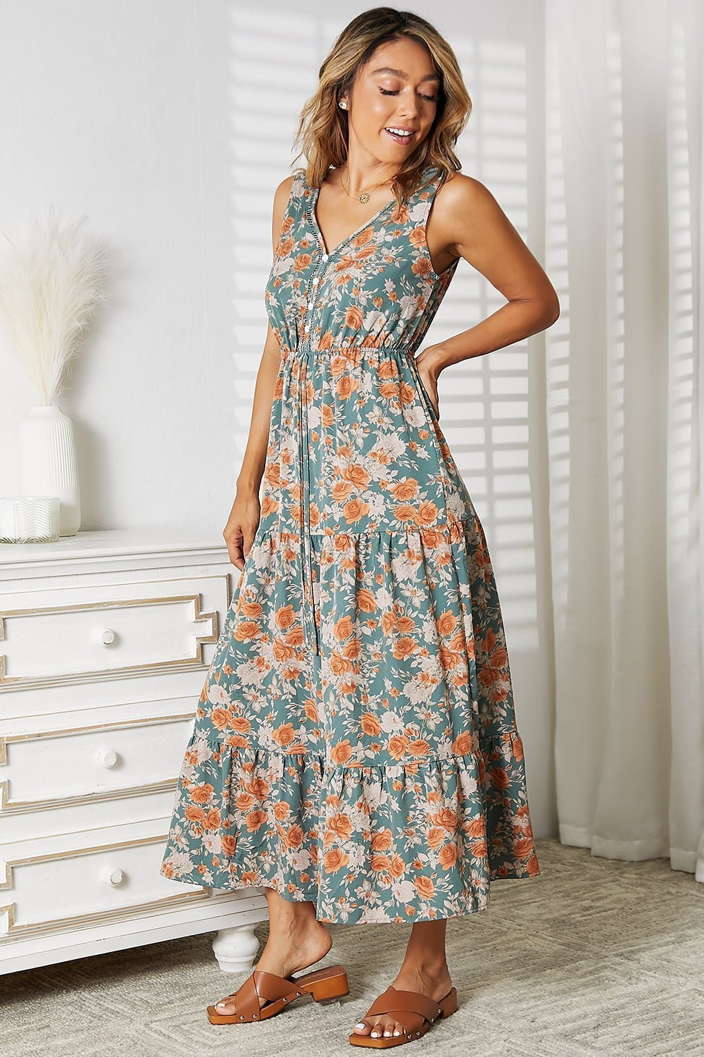 Double Take Floral V - Neck Tiered Sleeveless Dress - Admiresty