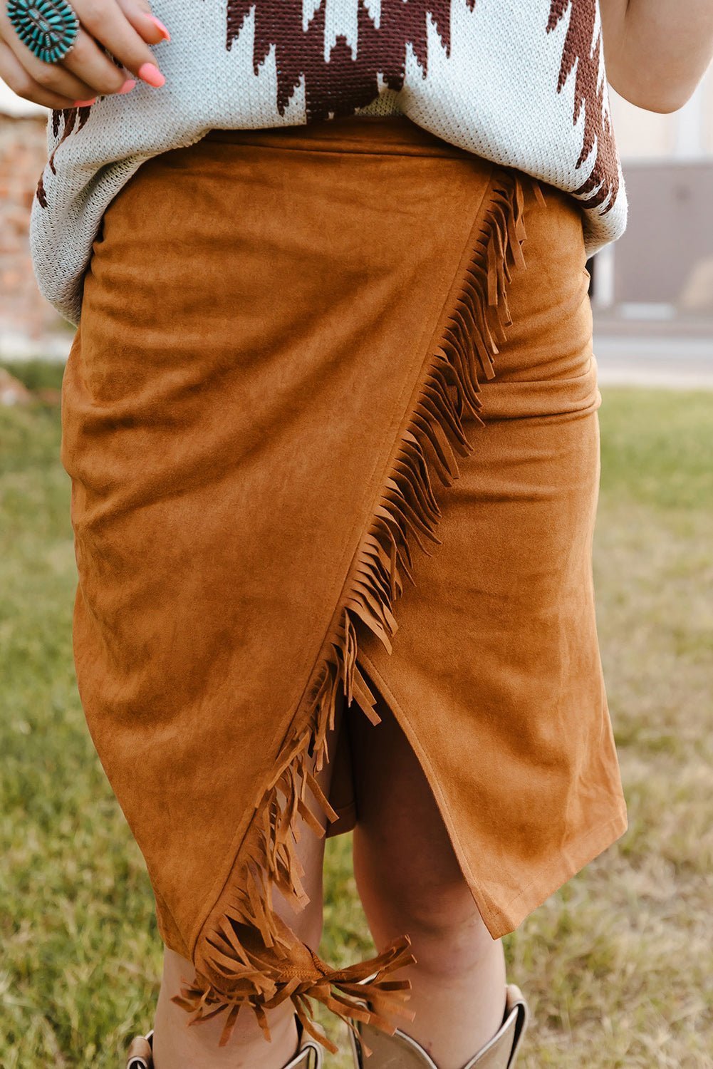 Double Take Fringe Trim Wrap Skirt - Admiresty