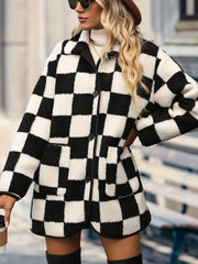 Double Take Full Size Checkered Button Front Coat with Pockets - Admiresty