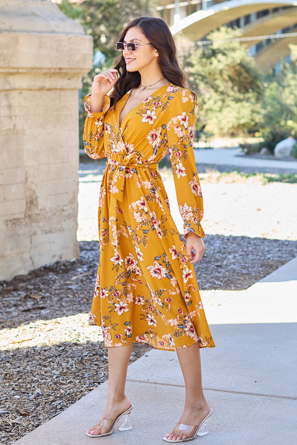 Double Take Full Size Floral Tie Back Flounce Sleeve Dress - Admiresty