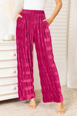 Double Take Full Size High Waist Tiered Shirring Velvet Wide Leg Pants - Admiresty