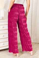 Double Take Full Size High Waist Tiered Shirring Velvet Wide Leg Pants - Admiresty