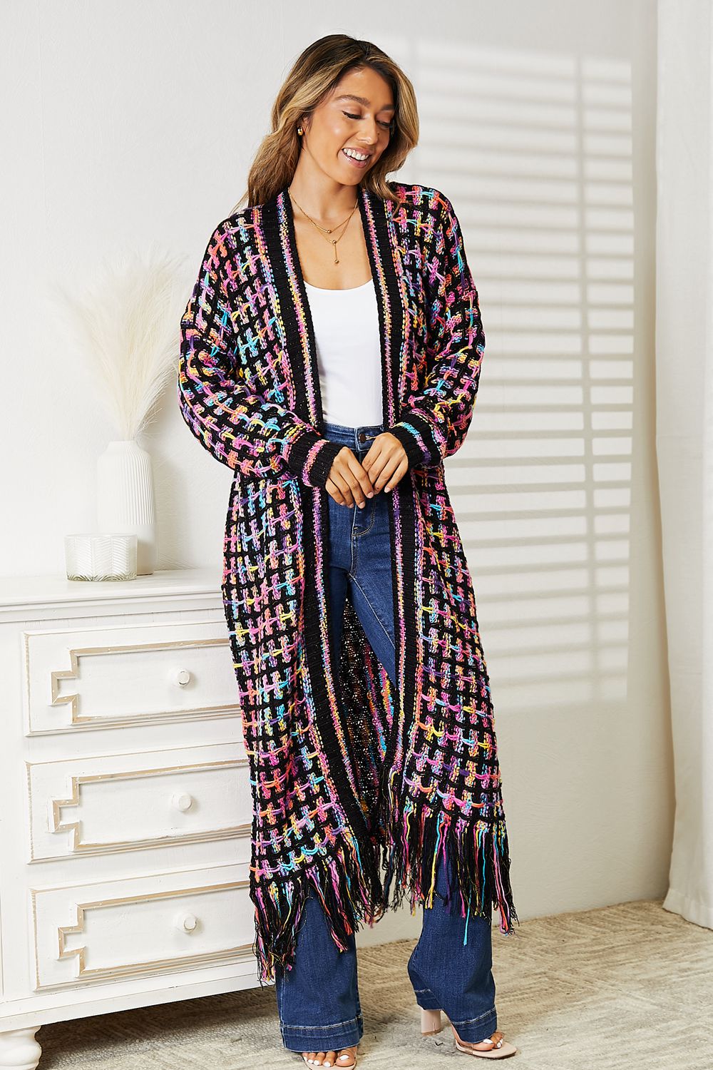 Double Take Full Size Multicolored Open Front Fringe Hem Cardigan - Admiresty